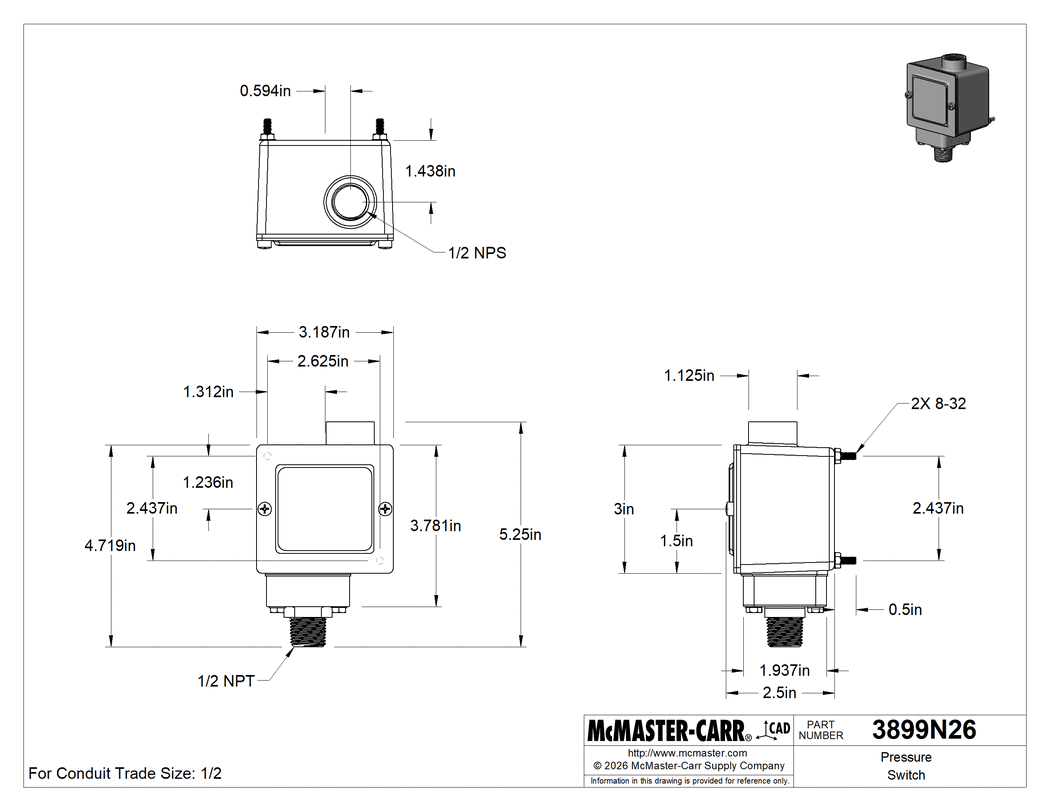 Technical Drawing of Pressure Switch, with Cover and Screw Terminals, 1/2 NPT Male, 29-472 PSI.
